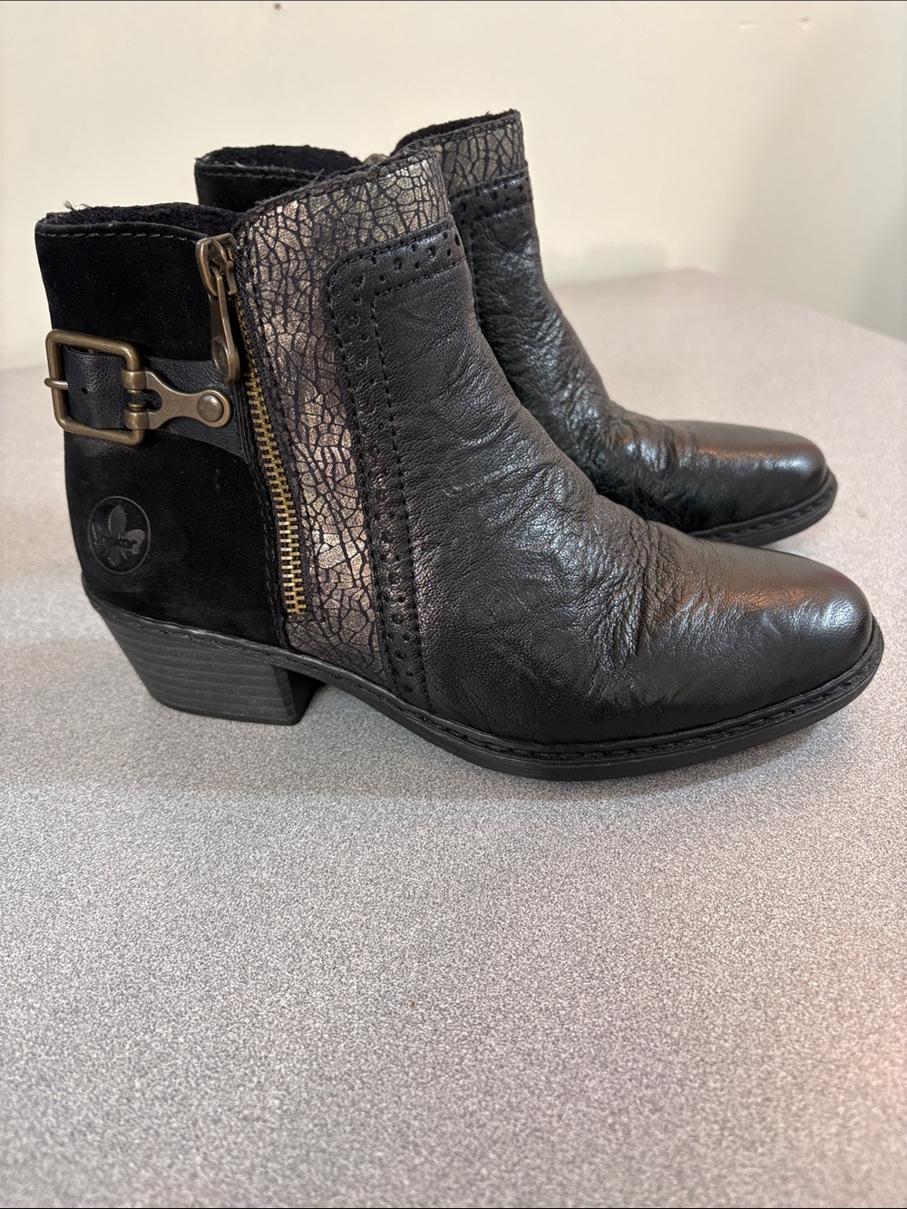 Rieker Black Leather & Metallic Crackle Ankle Boots